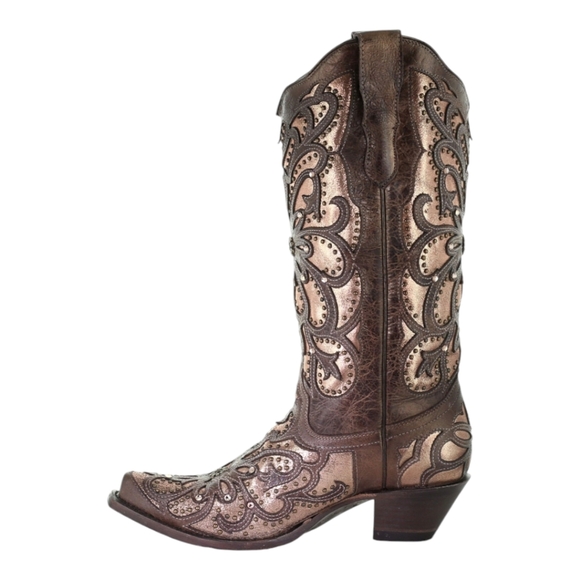 CORRAL E1594 distressed brown leather snip toe cowgirl boots metallic inlay sz 8 - Picture 2 of 16